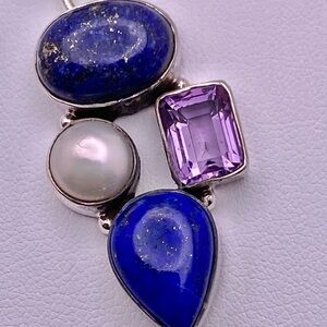 Pendant Sterling Silver Amethyst, Lapis and Pearl 1.5” New